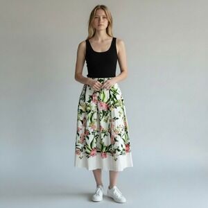 TALBOTS Floral Pleated Midi Skirt Sz 10 White Pink Tropical Spring Garden Easter